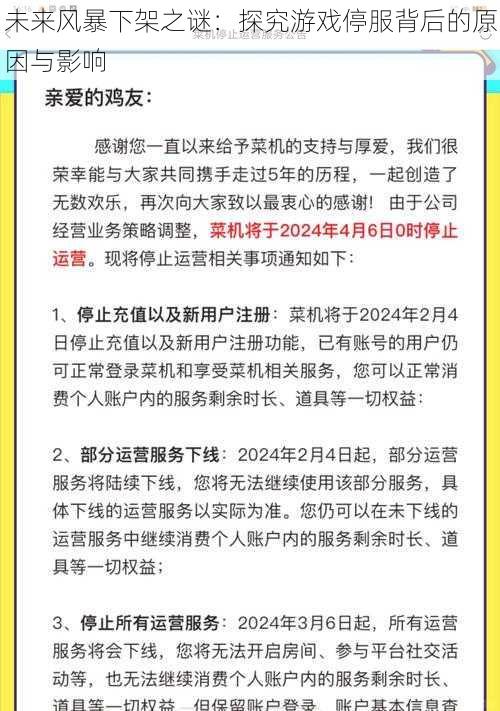 未来风暴下架之谜：探究游戏停服背后的原因与影响